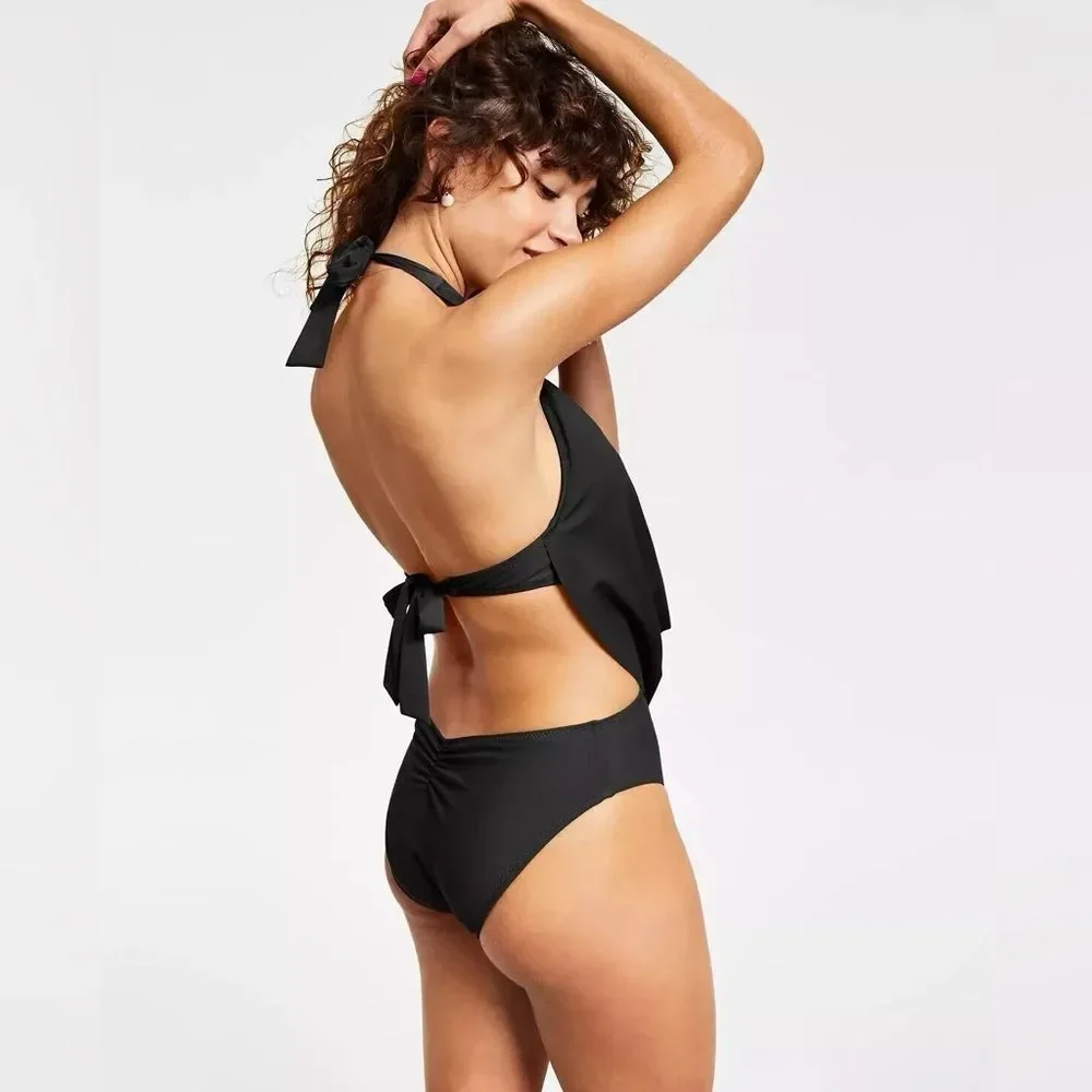Bar III Solid Black Cowl Neck One Piece Swimsuit Bathing Suit Size Large NEW